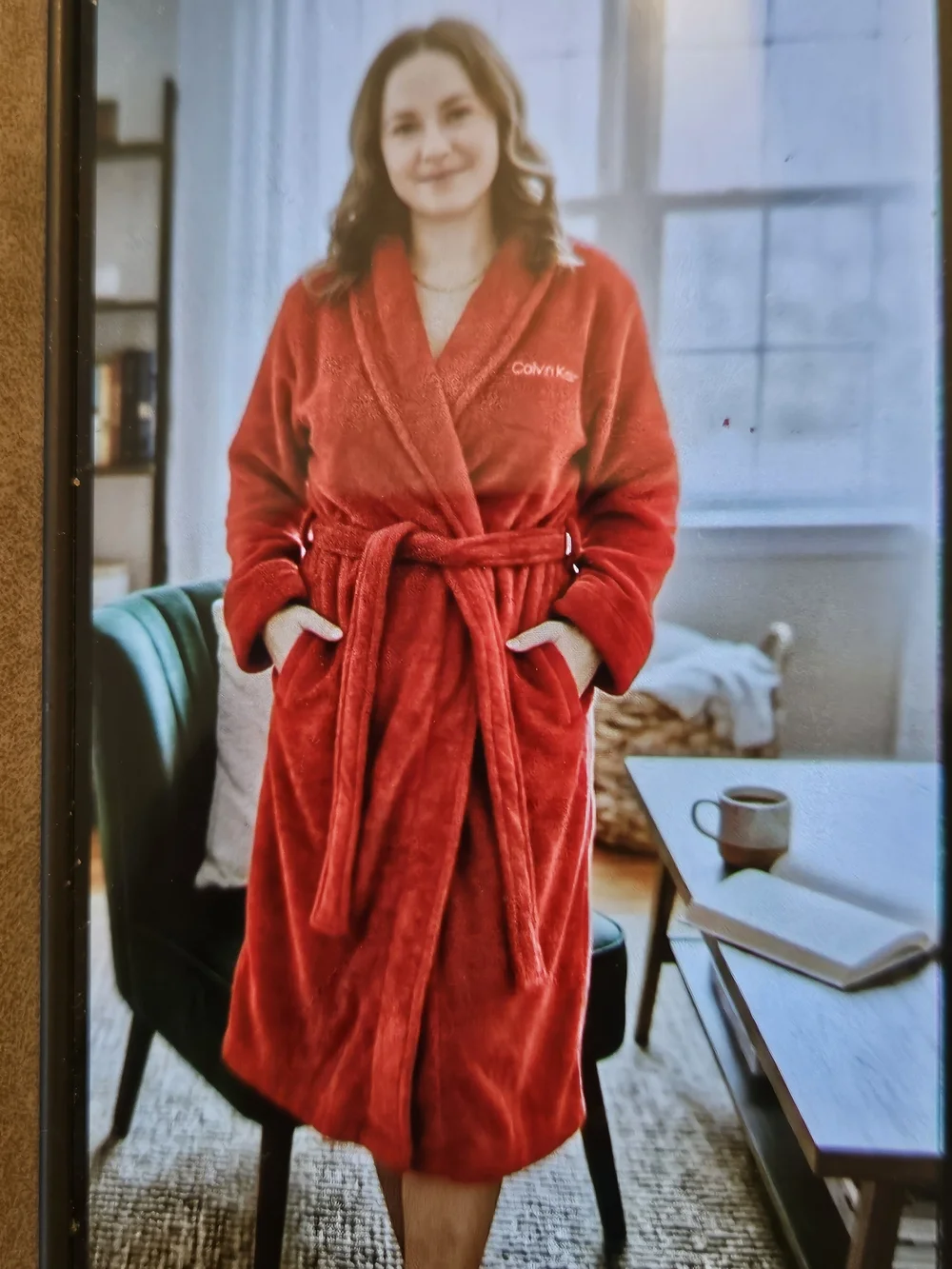 Calvin Klein Plush Red Bathrobe with Shawl Collar